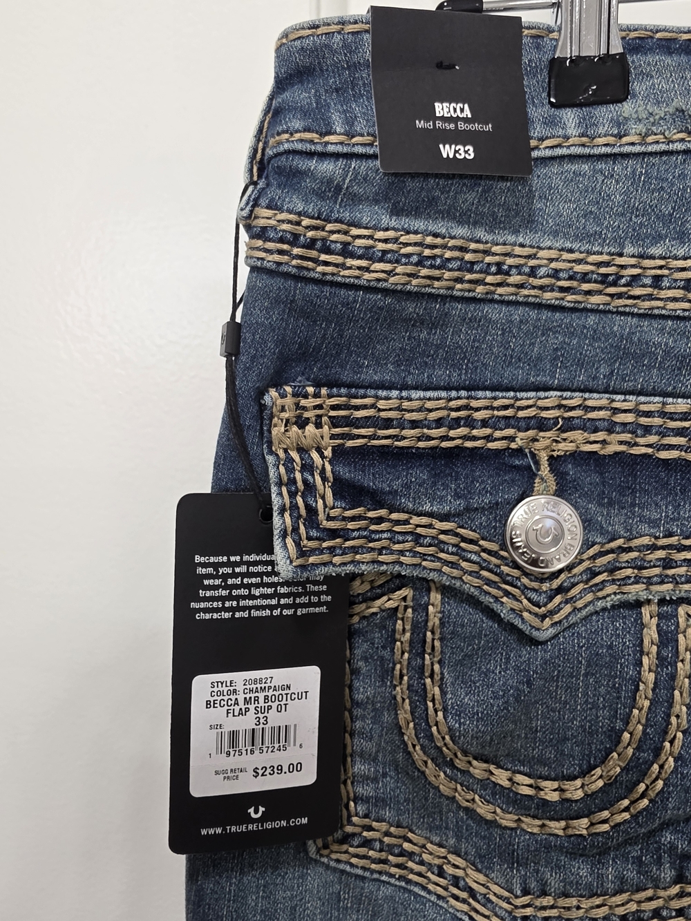 True Religion Becca Mid Rise Bootcut Jeans in Dark Blue with Tan Stitching